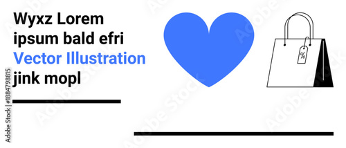 E-commerce, marketing, shopping, retail, customer loyalty, branding. A blue heart and shopping bag with a price tag appear on a white background. E-commerce and marketing concept