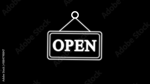 Animated open sign line icon with glowing neon outline on a dark background. This clean and modern store message animation represents business opening