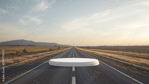 Road Stretches Toward Mountains With Circular Platform in the Center During S...
