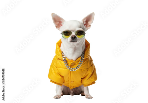 A small white chihuahua wearing a bright yellow puffer, silver cuban chain, and aviator sunglasses, posing confidently in a transparent studio concept of humorous high fashion pet portraiture