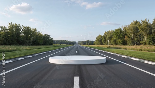 Road Stretches Toward Mountains With Circular Platform in the Center During S...