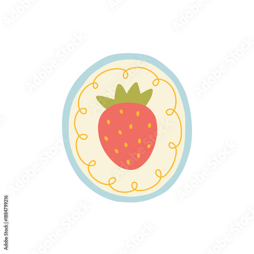 Cute vector strawberry icon in hand-drawn oval frame. Isolated summer fruit charm in naive ceramic style for organic food branding, clay jewelry, childish kitchen textile and garden stationery.