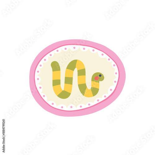 Naive vector caterpillar snake in hand-drawn oval medallion with pink polka dot border. Isolated ceramic charm in cottagecore style for kids nursery decor, clay craft, stickers and stylish stationery.