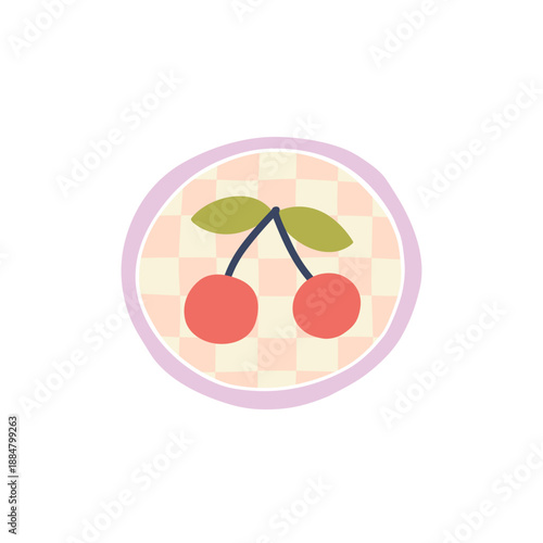 Cute vector cherries icon in hand-drawn round medallion with pink checkered background. Isolated summer fruit charm in naive ceramic style for organic food branding, clay jewelry and textile.