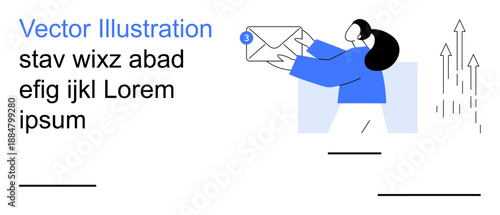 Email notification, communication, business progress, corporate growth, digital marketing, modern messaging. Woman holding envelope with notification icon and arrows. Email notification