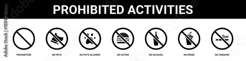 Prohibited Activities web banner icon set collection solid style.