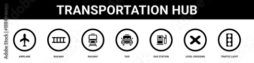 Transportation Hub web banner icon set collection solid style.