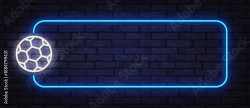 Neon soccer ball icon with glowing rectangular frame creates a sporty banner background. Clean layout fits football events, broadcasts, and promo designs.