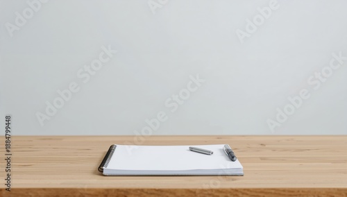 Blank Notebook and Pen on a Wooden Table With a Simple Background in a Home O...