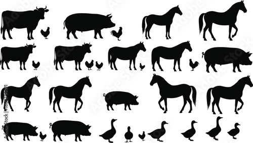 Set of black farm animal silhouettes including cows, pigs, horses, chickens, and ducks, ideal for agricultural, educational, and rural-themed vector illustration projects.