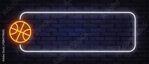 Bright basketball neon icon combined with luminous border forms a dynamic sports background. Modern glow style suits tournaments, clubs, and media visuals.