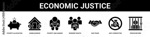 Economic Justice web banner icon set collection solid style.