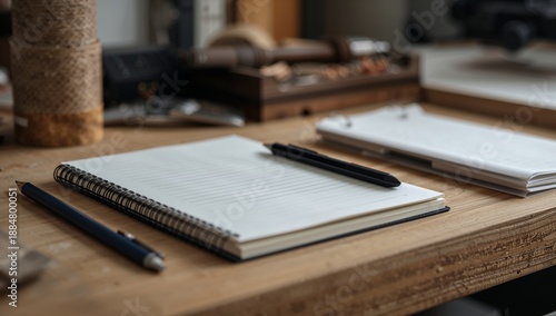 Notebook and Writing Tools on a Wooden Table Next to a Laptop in a Workspace ...