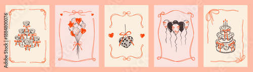 Set of whimsical coquettish greeting cards with cute red bows. Ribbon wavy filigree victorian antique rectangle vertical frames. Birthday celebration cake with candle. Flirtatious girly doodle drawing