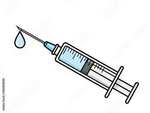 Medical syringe with a drop of liquid ready for injection treatment.