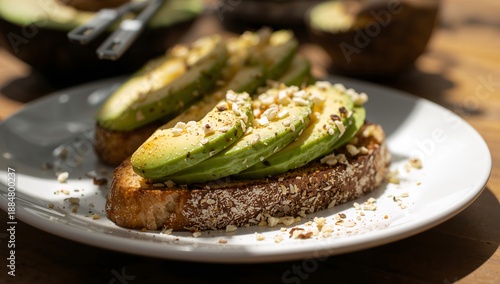 Avocado Toast With Toppings on a White Plate in a Bright Kitchen During Daylight