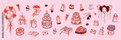 Hand drawn doodle happy birthday elements set including flower bouquet, party hat, balloons bunch, celebration cake with candles, cocktail and champagne glasses decorated with coquette whimsical bows