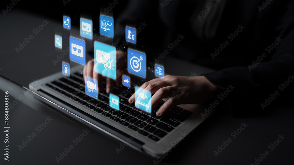 Fototapeta premium The concept of video marketing increases online engagement. This digital strategy uses compelling video marketing to attract and retain a target audience for business growth. Entice