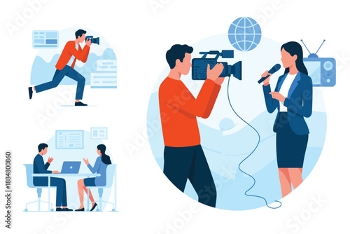 People in various settings with cameras and laptops