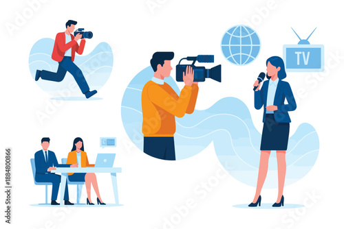 People engaged in media and business activities with cameras and laptops