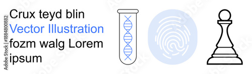 Science, security, identity, strategy, logic, analysis. DNA helix, fingerprint and chess pawn icons. Genetics and security concepts with strong links to analysis and identity