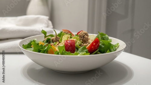 Fresh Salad With Greens, Vegetables, and Nuts on a White Table in a Kitchen S...