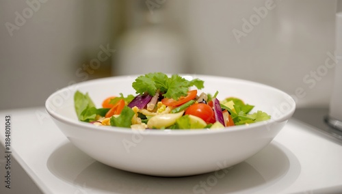 Fresh Salad With Greens, Vegetables, and Nuts on a White Table in a Kitchen S...