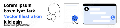 Certification programs, digital communication, online learning, document verification, achievement recognition, user authentication. Certificate with a seal and chat interface. Certification programs