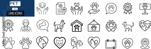 Pet line icon featuring domestic dog, cat, paw print, animal shelter house, veterinary care, heart love, and more 25 vector set illustration with editable stroke.