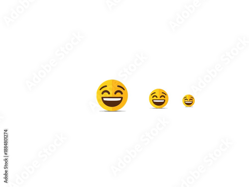 Smiling emoji faces in different sizes, expressing joy and happiness on white background.