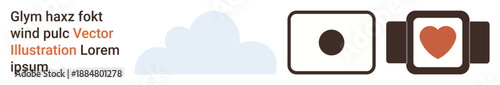 Technology, health tracking, cloud computing, device interface, wearable gadgets, data monitoring. Icons of a cloud, camera and heart on smartwatch screens. Technology and health tracking concept
