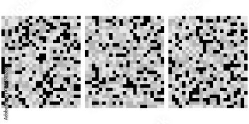 A close-up view of a grayscale pixelated texture reveals a chaotic pattern with varying shades of gray and black resembling digital noise, censorship texture and pixel abstract background.