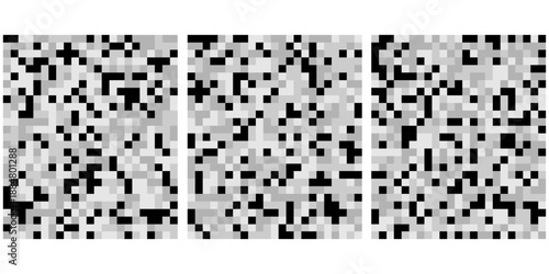 A close-up view of a grayscale pixelated texture reveals a chaotic pattern with varying shades of gray and black resembling digital noise, censorship texture and pixel abstract background.