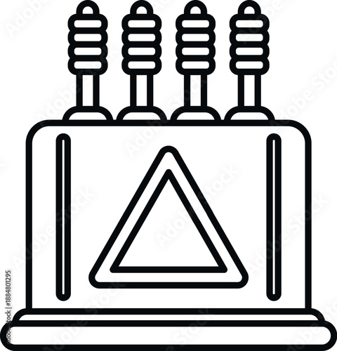 Electrical transformer with insulators and warning sign representing electricity and energy