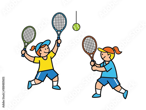 Two young children playing tennis with rackets and a ball on a sunny day.