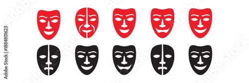 Theater tragic comic masks for dramatic performance arts symbols representing different human emotions on transparent background