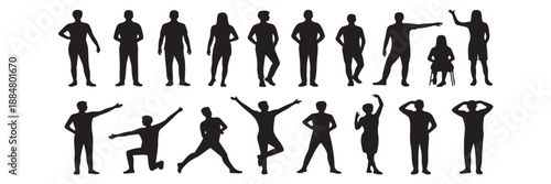 Variety of male and female people silhouettes standing walking sitting stretching posing with hands raised in diverse active and relaxed positions vector collection set isolated on background