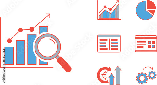 Magnifying glass over a bar chart with rising line graph and other business icons