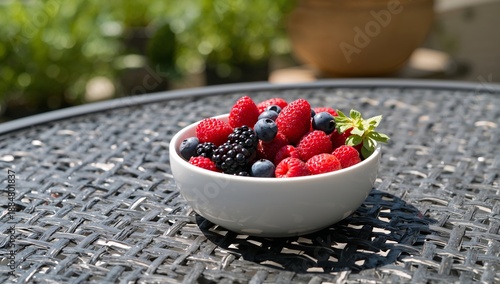 Fresh Mixed Berries in a White Bowl on a Table in a Garden Area During Daytime