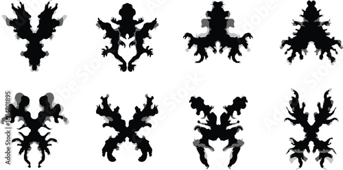 Eight symmetrical ink blot test images are displayed on a white background.