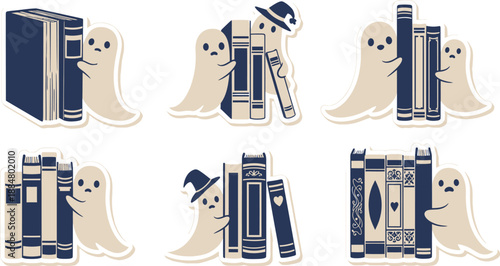 Cute cartoon ghosts are interacting with books on a white background.