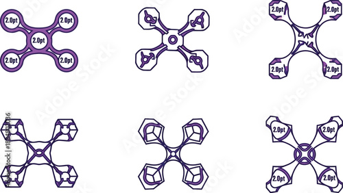 Six stylized illustrations of drone designs with various rotor configurations and labels.