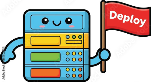 A cute cartoon server character holds a red flag with the word "Deploy" on it.