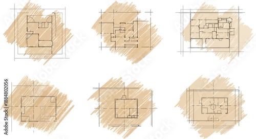 A collection of architectural floor plans are sketched out on paper with intersecting grid lines.