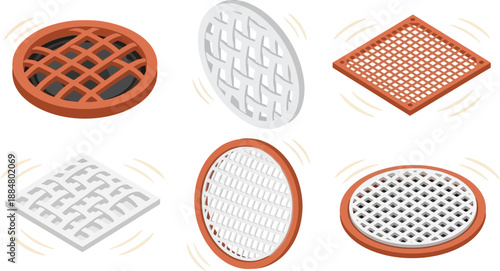 A collection of six different grates and covers, presented in an isometric view.