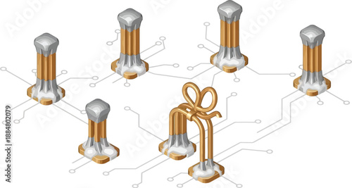 A digital network diagram displays stylized technological components connected by lines.