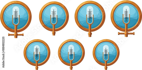 Seven vintage microphones are arranged in two rows against a white background.