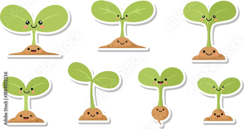 Cute cartoon seedlings with happy faces represent new life and growth.