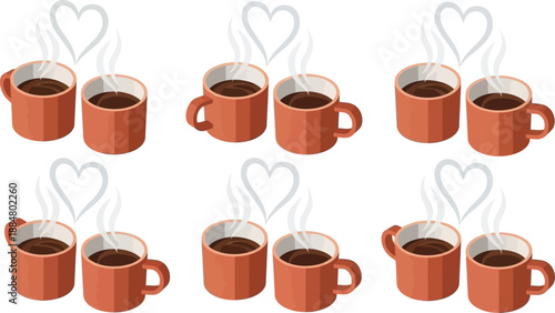 Six pairs of steaming coffee cups form heart shapes with their steam above them.