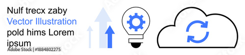 Cloud computing, data synchronization, innovation, technology concepts, data transfer, progress . Includes arrows showing growth, a light bulb with a gear and a synchronization cloud. Cloud